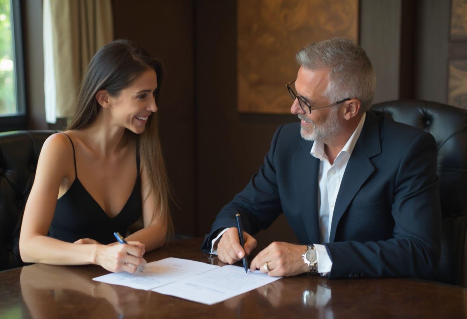Contrato Sugar o que é? Uma sugar baby ao lado de um homem maduro assinando um contrato de beneficios mutuos.
