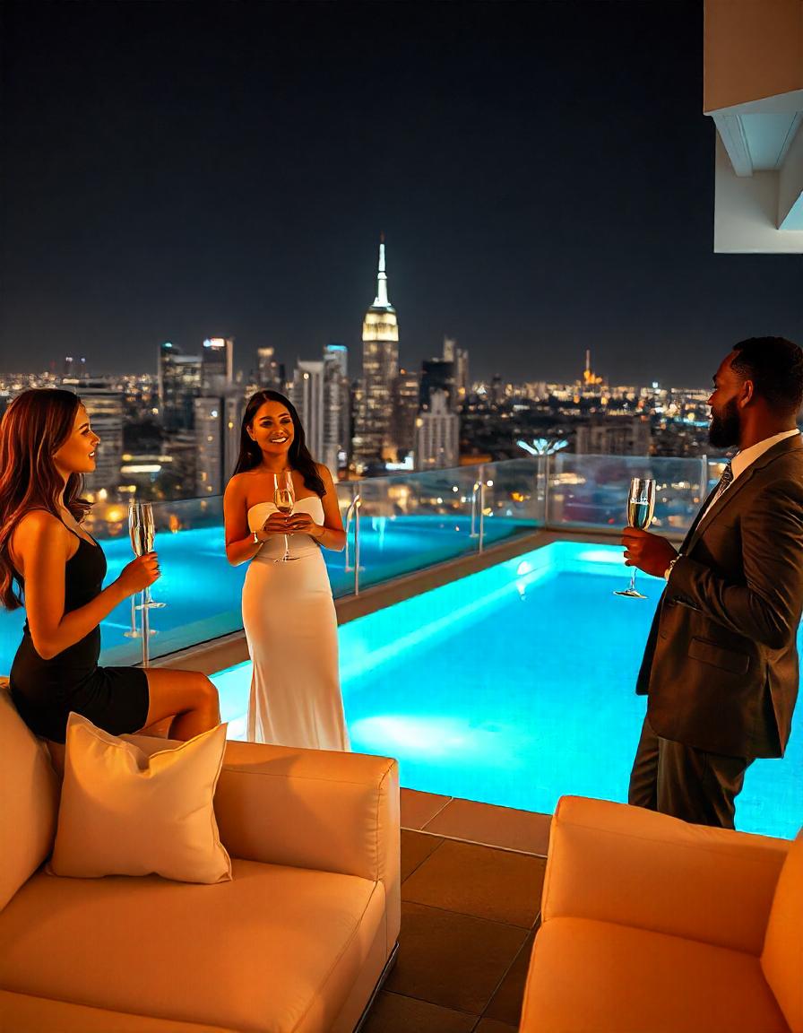 partypool com sugar baby. Duas modelos sugar baby e um sugar daddy curtem a vista de SP com uma festa na piscina a noite.